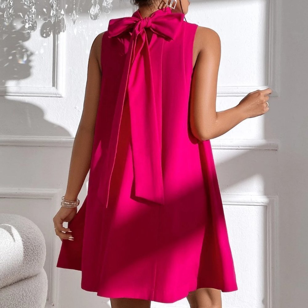 Hot Pink Preppy Womens Tie Back High Neck Tank mini Dress - Picture 4 of 5